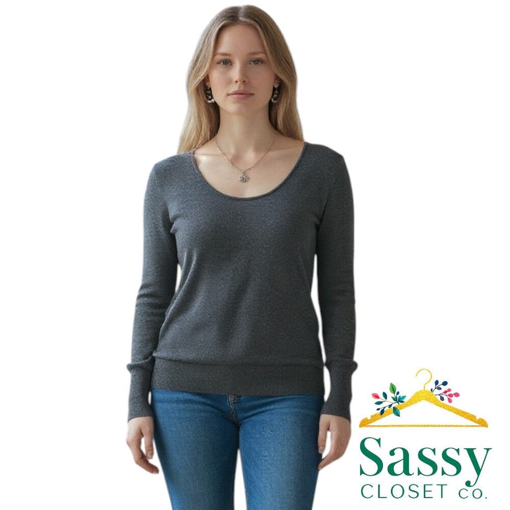 ✨ LOFT Charcoal Scoop Neck Sweater Statement Sleeve M EUC Gray 🩶
